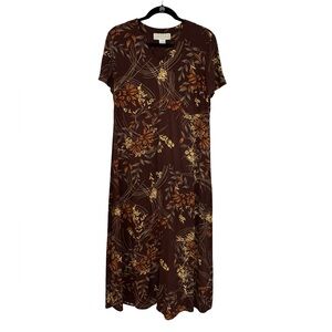 Vintage 90s Norton McNaughton Fall Leaves Maxi Dress in Brown - Size M